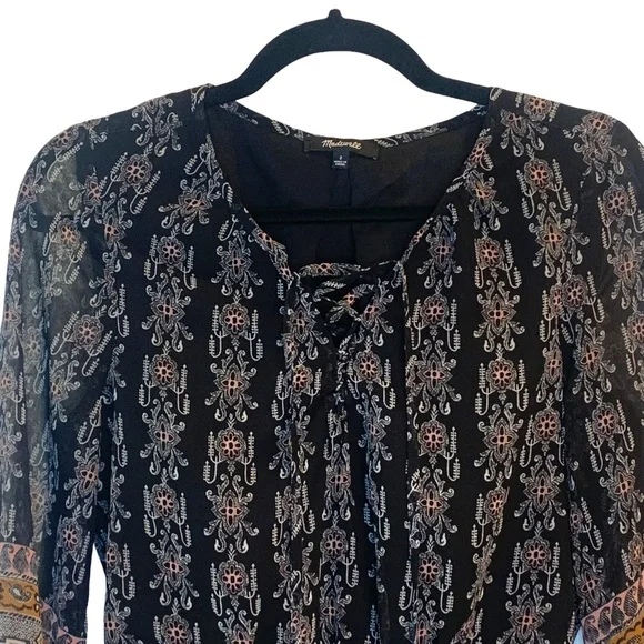 Madewell Lace Up Burnished Floral 3/4 Sleeve Sheer Mini Dress Women’s Size 2 - Picture 4 of 12